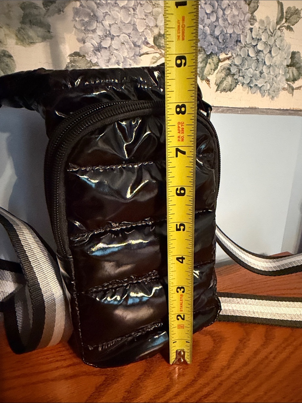 Black Quilted Puffer Belt Water Bottle Bag with Striped Adjustable Strap - Picture 5 of 6